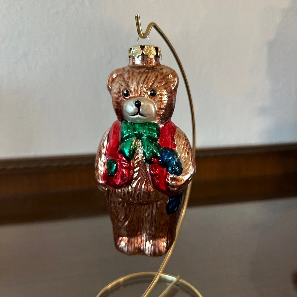Vintage Glass Teddy Bear Christmas Ornament Red Vest Green Bow Taiwan 6''